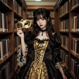 lomography, full body portrait photo of young women like reol in a holding a masquerade ball in a library, wearing an ornate gothic dress and choker, moody, realistic, dark, skin tinted a warm tone, light blue filter, hdr, rounded eyes, detailed facial features, gold black