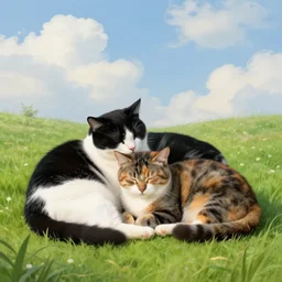 a fat black and white male cat and a smaller tortoiseshell female cat both sleeping peacefully together in a beautiful green meadow, dreamy puffy clouds, painted by Tyler Edlin