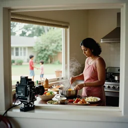 A mother cooking food in her Indian suburban home, two kids playing outside are visible from the window. Photograph by Gregory Crewdson and Wes Anderson, shot on a large format film camera, 8K