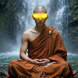a wise monk meditates under a waterfallto pieces with glowing yelow visor as a realistic scifi cyberpunk, torso, art by james jean and greg rutkowski!!, realistic face, like anime, digital art, concept art, trending on artstation, 8 k