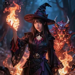 young novice witch summons burning demon serious colorful 4 k high definition dramatic lighting artstation trending path traced contrast light and dark colorful bokeh massive scale cinematic breathtaking by dore, gustave