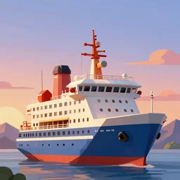 super detailed color lowpoly art, big graphic seiner ship, on sunset view with mountains, unreal engine, high contrast color palette, 3 d render, lowpoly, colorful, digital art, perspective, full volume composition, syd mead