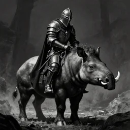 A knight using a tapir as a steed, the tapir has a long snout. Dark Fantasy, Film Noir, Black and White. High Contrast, Mike Mignola, D&D, OSR