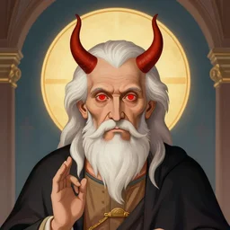 old man with red eyes, infernal icon with halo, color art in church style 4 k