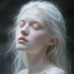 out of focus photorealistic portrait of a beautiful pale young woman by sarah moon, very blurry, translucent white skin, closed eyes, foggy