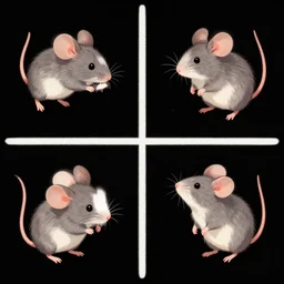 a four panel illustration of four identical mice rotating in space with a black background
