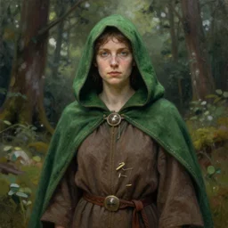 a portrait of a druid in a forest, detailed painting, 4 k, green hood, brown dress