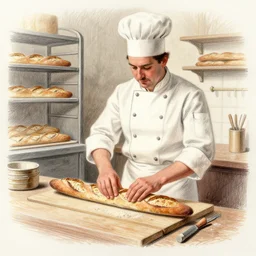 an Italian chef making baguettes at a bakery, oil pastel, 1800s