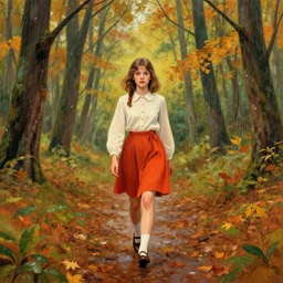 centre portrait of a girl walking through forest!!, autumn, rain, symmetry, retro 8 0 s style, colourful, accurate, realistic illustration, art by peter elson