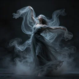 professional render ethereal ghostlike valkyrie figure fluid simulation in houdini dancing in dark smoke robes and silk veils by ilm, paolo roversi, nick knight, gill elvgren, beautiful simplified form distorted by turbulent movement, dark studio background, vivid, romantic, trending on artstation, hyperrealism, matte painting, dutch golden age, fine detail, cgsociety