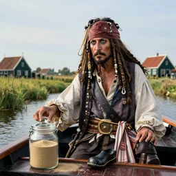 Dutch landscape, photorealistic, Captain Jack on boat with a jar of sand, 8K, detailed, clogs 2977599487