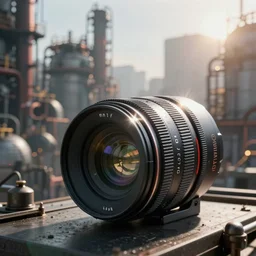 polluted cyberpunk city with factories in the backround. daylight. sunlight. lens flare. light fixtures. 8 k. detailed. photorealism. artstation. 2 5 mm f / 1. 7 asph lens. ultra realistic