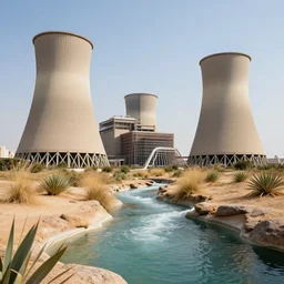 Ruins of a power station in an oasis, flowing water, Zaha Hadid, Ruxing Gao, artstationhq