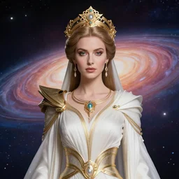 portrait of the powerful empress of the solar system in the style of anna dittmann and in the style of kim jung gi. glowing, ornate and intricate linework, stunning, dynamic lighting, ultrafine and hyperdetailed.