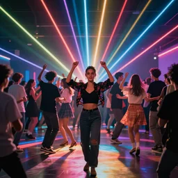 friends dancing facing / looking the camera, crowd in the back, neon lines, colorful, very abstract style