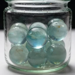 beautiful glass marbles in a jar