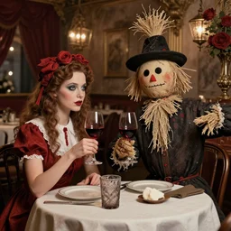 a scarecrow and his wife are drinking red wine in a fancy restaurant. folk horror art style. highly detailed