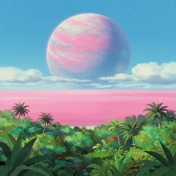 beautiful pink ocean horizon view on a lush tropical alien planet, clear sky, massive planet in space over the horizon, rule of thirds, trending on artstation, digital art by hayao miyazaki, studio ghibli style