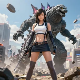 a giant tifa from final fantasy 7 remake destroying a city like godzilla while smiling, digital art, octane render, award winning, very detailed, full body portrait, 3d render, detailed facial expressions, destroyed city, destruction, fire, video game art, no text
