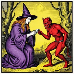 witchcraft : a witch and a devil making a nail, woodcut, 1 7 2 0. vibrant colors, highly detailed, high contrast lines.