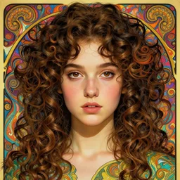 beautiful face girl curly hair portrait, chubby cheeks, brown eyes!, by artgerm, cushart krenz, greg rutkowski, storyboard, mucha. art nouveau. gloomhaven, swirly vibrant ripples, gaudy colors, sharp edges. ultra clear detailed. 8 k. elegant, intricate, octane render