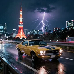 a single amc amx / 3, speeding down tokyo highway in the rain, night time, neon lights, thunderstorm, movie still from the film bladerunner