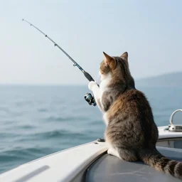 fisherman cat, cat fishing from boat, 35 mm photo