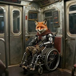 movie poster of old homeless disabled cyborg fox in cape, sitting in dirty cyberpunk subway car, intricate, made by ilm and weta digital, painted by thomas eakins, highres textures, ambient occlusion, volumetric light, raytracing