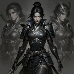 a highly detailed illustration of black sclera samurai girl, dramatic pose, art by artgerm and greg rutowski and ilya kuvshinov, intricate, elegant, highly detailed, centered, digital painting, artstation, concept art, smooth, sharp focus, league of legends concept art, wlop.