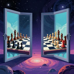 playing chess inside the doors of the mind, symmetry, by Christopher Balaskas and artgerm, vibrant, digital art, landscape, sci-fi, space