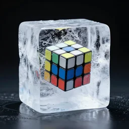 a large block of ice with a rubiks cube inside it
