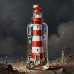a red and white lighthouse inside a clear bottle, very fancy whiskey bottle, intricate concept painting by tooth wu and wlop and beeple and dan mumford and greg rutkowski