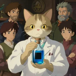 a cat dressed as a scientist holds a modern transparent little bottle filled with vivid blue iridescent liquid, there is a black square on the bottle, art by studio ghibli and j. c. leyendecker and greg rutkowski and artgerm and ilya kuvshinov and aenaluck, portrait, d & d, fantasy, highly detailed, digital painting, headshot, concept art,