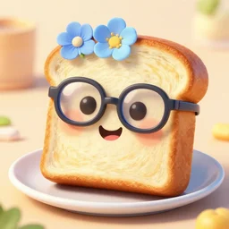 epic professional digital art of a cute bread toast smiling wearing 👓 and a blue flower!!!!, best on artstation, cgsociety, much detail, much wow, masterpiece