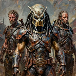 predator hunter from movie, durty colours, rotten textures, rusty shapes, biotechnology, tim hildebrandt, wayne barlow, bruce pennington, donato giancola, larry elmore, oil on canvas, masterpiece, trending on artstation, featured on pixiv, cinematic composition, hyper - detailed, hd, hdr, 4 k, 8 k