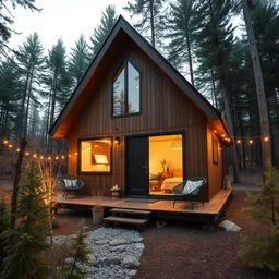 ultra wide angle photograph of cozy hygge tiny architecturally modern cabin in idyllic cozy forest