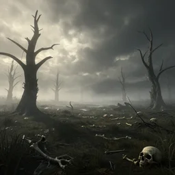 beautiful render of a eerie landscape, unreal engine, necronomicon, first light, dead trees, moor, morning mist, dramatic clouds, scattered bones and skulls, soft light, by greg rutkowski and h. r. giger, cgsociety