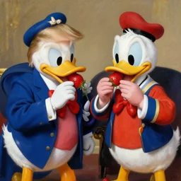 two shot angle donald trump and real - life donald duck eating strawberries together, painted by rembrandt