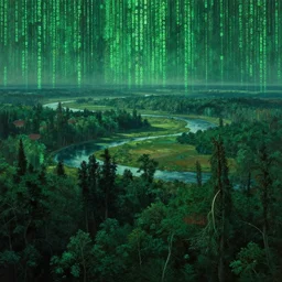a beautiful painting of a vast serene landscape with trees and rivers in the matrix, green matrix code, detailed, deep focus, movie still, dramatic lighting, ray tracing, by michal karcz and ryoji ikeda