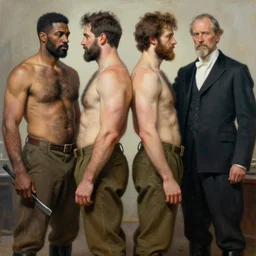 a homoerotic symmetrical painting by tom of finland, clyde aspevig, greg rutkowski, gaston bussiere, j. c. leyendecker of attractive hairy blacksmith and handsome preacher, they are in love standing back to back, soot and linen, shirtless, military pants, natural lighting, highly detailed, high quality, trending on artstation