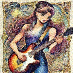 Ariana Grande playing electric guitar, colorful, graphic design, manga, highly detailed, beauty, art by Hirohiko Araki, intricate, elegant, J. C. Leyendecker, jojo bizarre adventure