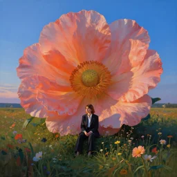 closeup, giant flower head, girl in suit stitting in a field of flowers, surreal photography, sunrise, blue sky, dramatic light, impressionist painting, digital painting, artstation, simon stalenhag