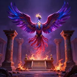 single centered phoenix rising up from the ashes, fantasy art, ultra realistic, purple red blue colors, in the middle of a temple's altar