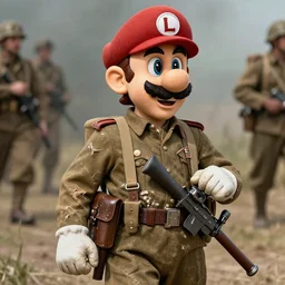 Luigi from supermario as a world war I soldier, photograph, colorized, damaged