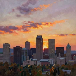 winnipeg skyline, sunset, painting by tom thompson, group of seven, 4 k