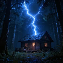 a ultra realistic blue lightning arc over a cabin in the wood, by night. horror movie scene, complex, highly detailed, unreal engine 5, 8 k render