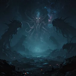 Endless eerie abyss with stars and gigantic cosmic horror creatures floating far away, photorealistic