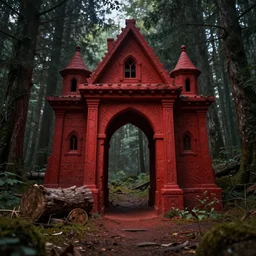 ancient red teleported - portal, log, built in dark forest, slavic, russian, slovenian, tartarian architecture, hyper - detailed, artstation, cgsociety, 8 k