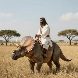 jesus riding a triceratops and looking from a hill down on the savannah, okiyo - e style