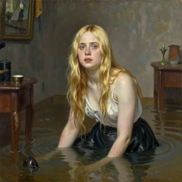 orientalist painting of Elle Fanning in a flooded house interior, extremely detailed masterpiece,